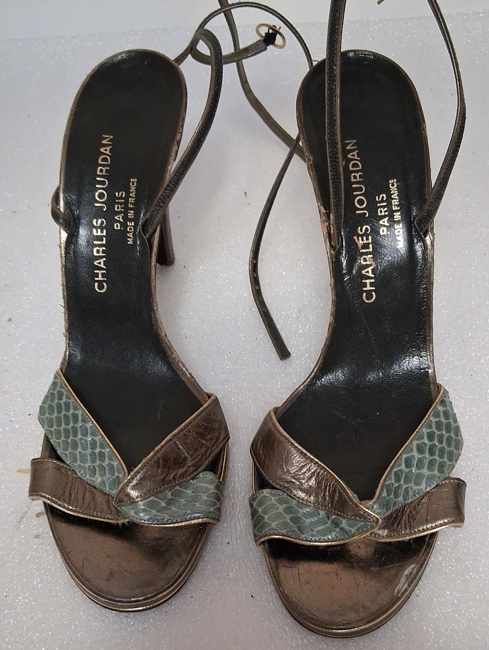 Charles Jourdan Bronze Slingback Heels with Green-Blue Snakeskin Accent